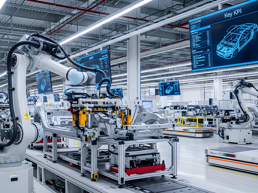 Weiße Roboter arbeiten an Fahrzeugkarosserien