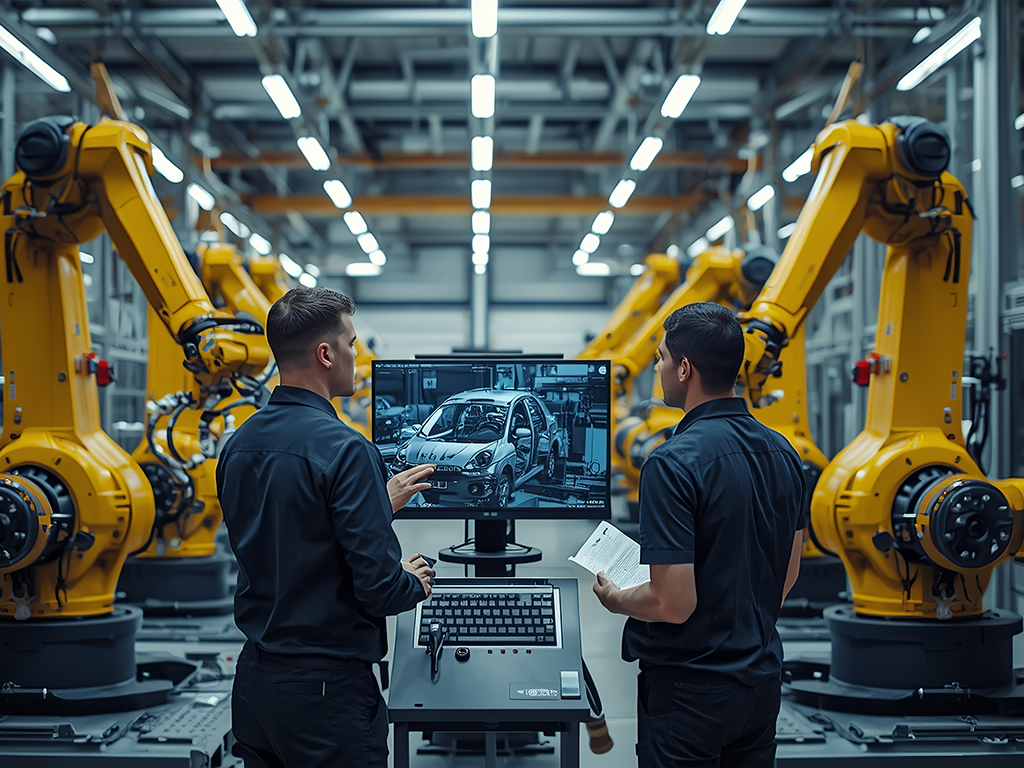Ingenieure überwachen die Roboter-Montagelinie für Autos