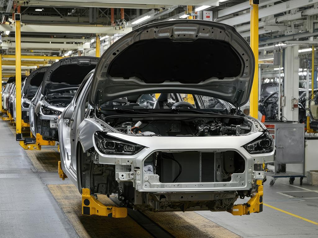 Fließband zur Massenproduktion moderner Autos in einem Werk.