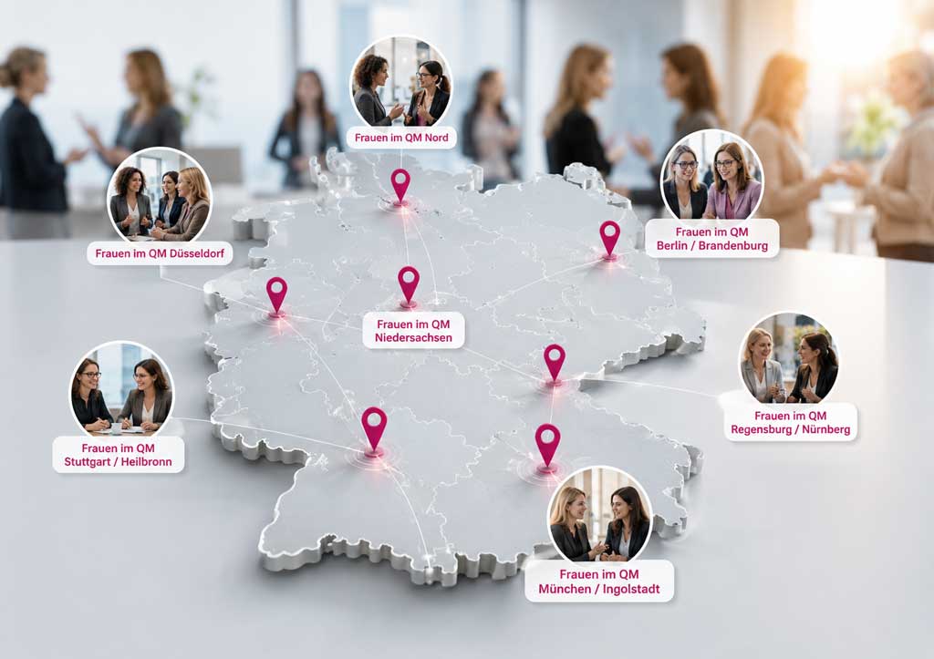 Deutschlandkarte mit regionalen Netzwerken ‚Frauen im QM‘ – Standorte und Austauschgruppen.