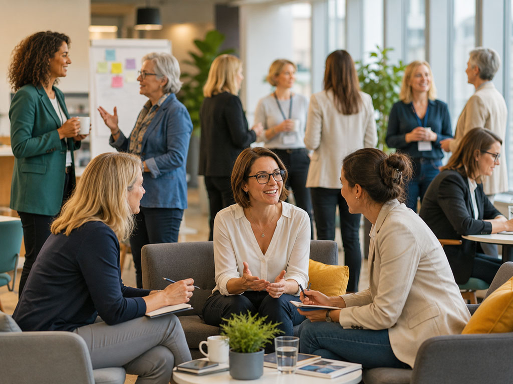 Frauen tauschen sich in Gruppen aus – Symbol für Networking, Wissenstransfer und Zusammenarbeit.